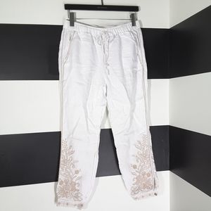 JOHNNY WAS $148 100% Linen Floral Embroidered Pants Size S